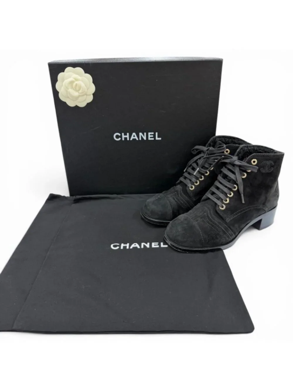 Chanel CC Logo Embroidery Shearling Boots Ankle Black